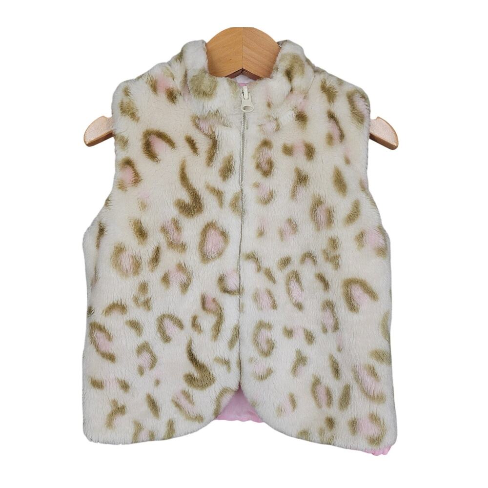BELUGA NEW YORK FAUX FUR LEOPARD VEST – TODDLER 3T – ZIP FRONT – PINK/WHITE